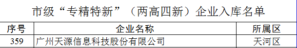 市级专精特新（两高四新）企业入库名单 - 广州天源信息科技股份有限公司入选市级“专精特新”（两高四新）企业 |天源股份 – 产业互联网推动者!